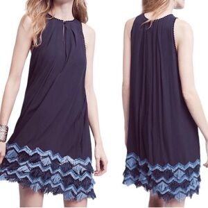 Anthropologie Maeve Sequin Fringe Sleeveless Swing Gauze Dress Pockets Navy 6